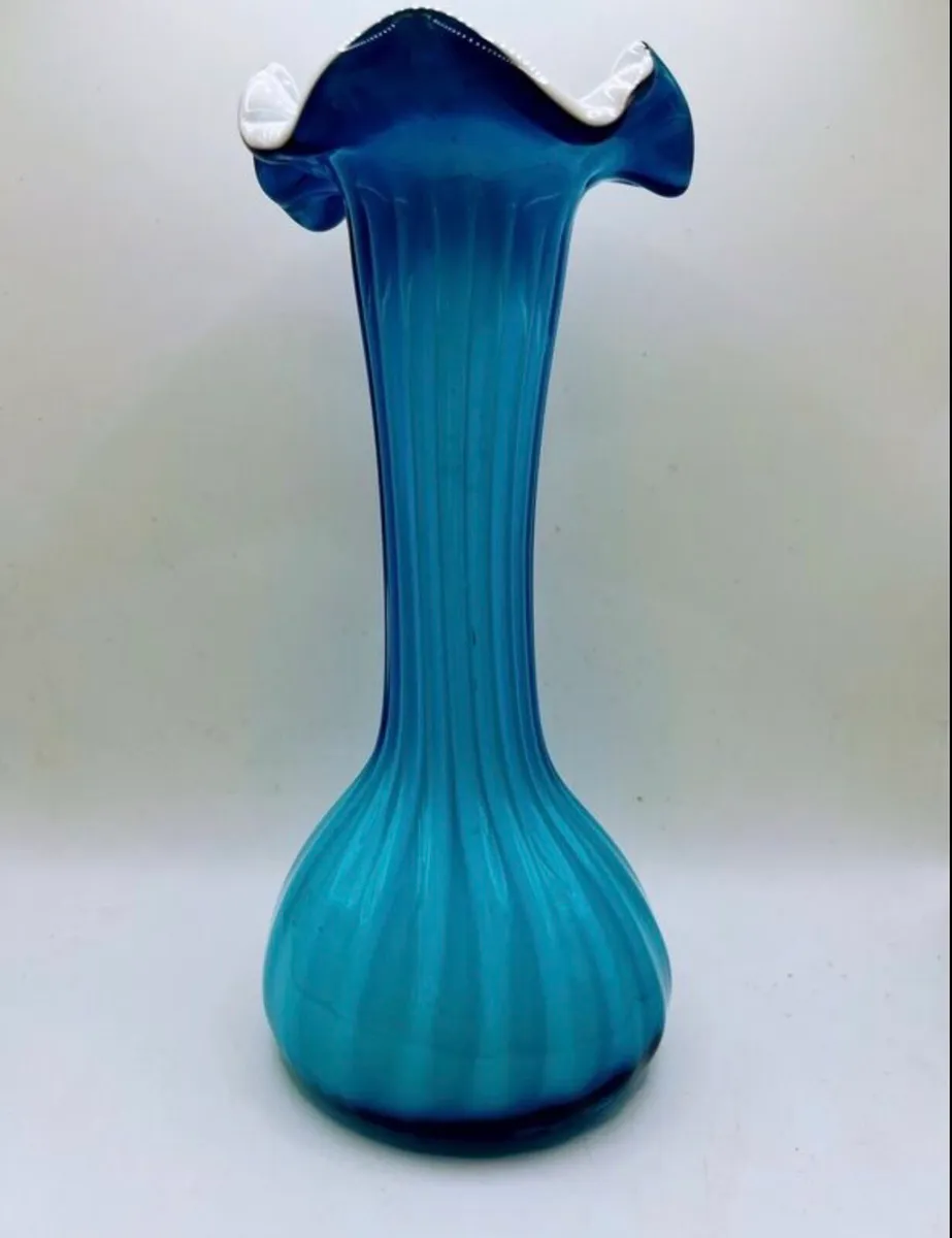 Vintage 1970s art glass marine blue ribbon vase - Image 1