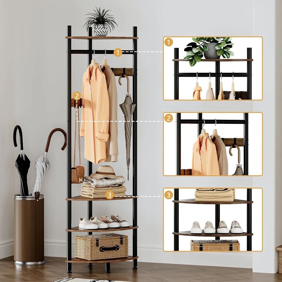Corner Hall Tree Coat Rack with 4-Tier Shelves - Image 3