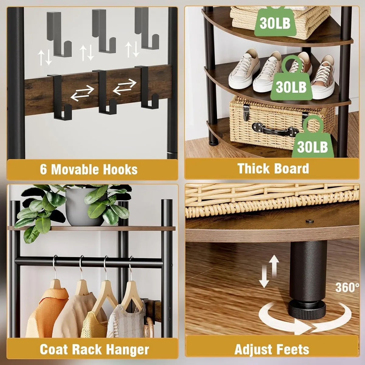 Corner Hall Tree Coat Rack with 4-Tier Shelves - Image 4