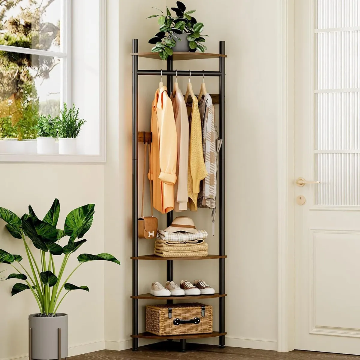 Corner Hall Tree Coat Rack with 4-Tier Shelves - Image 1