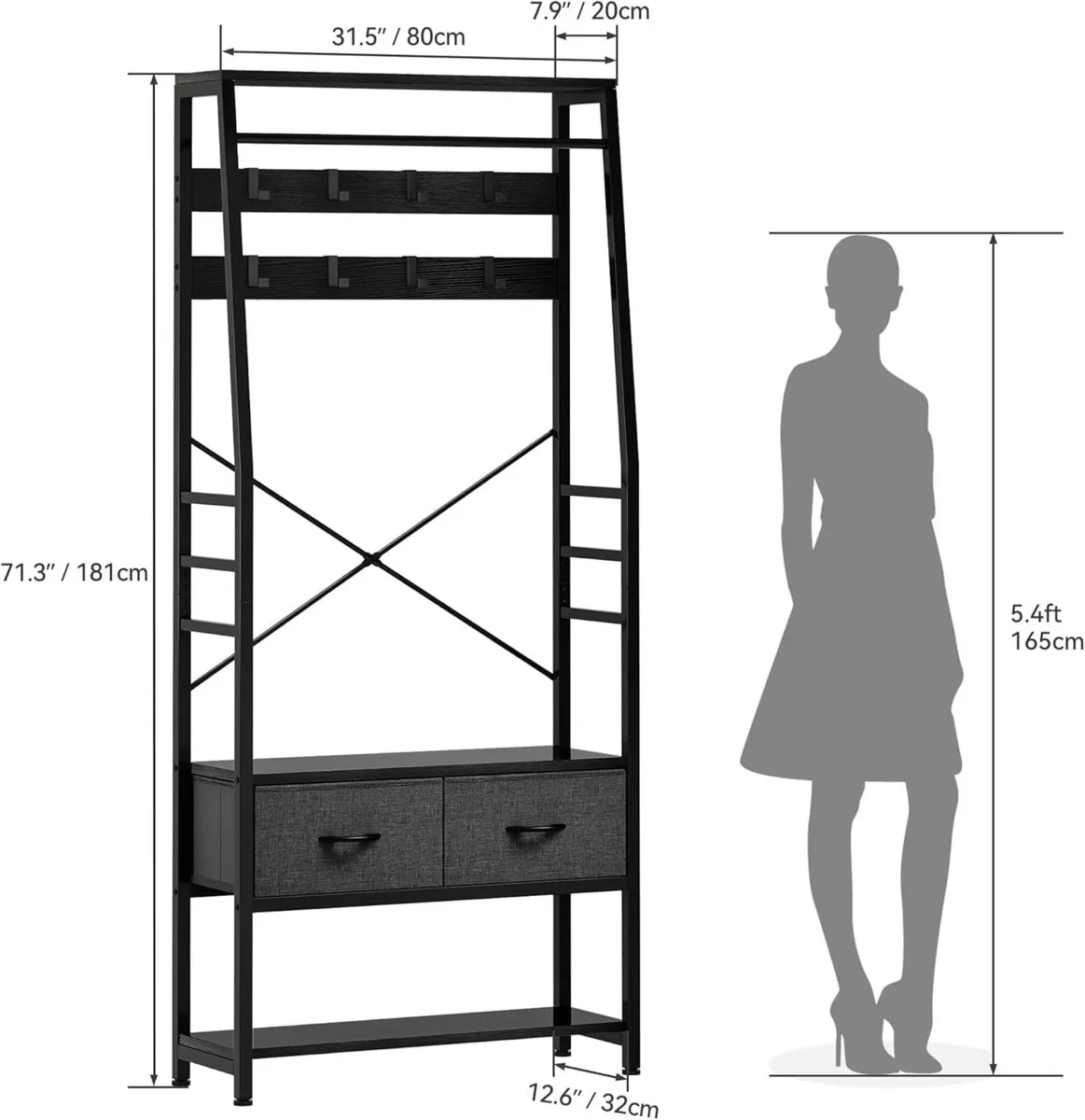 Coat Rack 6-in-1 Hall Tree with 2 Drawers - Image 2
