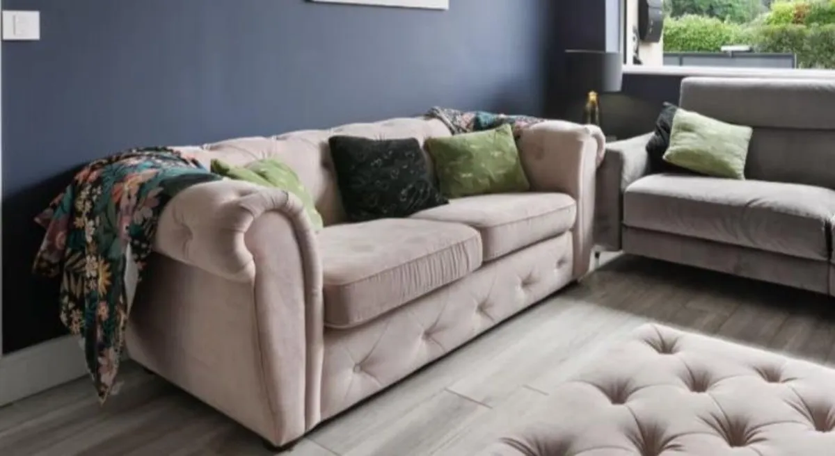 Pink sofa and matching footstool - Image 2