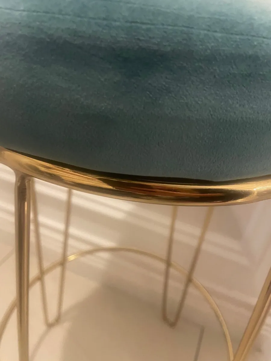 4 x kitchen stools gold frame teal cushion top - Image 2