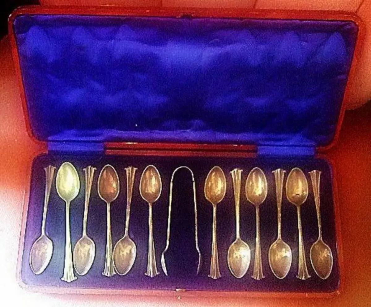 Vintage Silver 12 Tea Spoons & Sugar Tongs/Case - Image 1