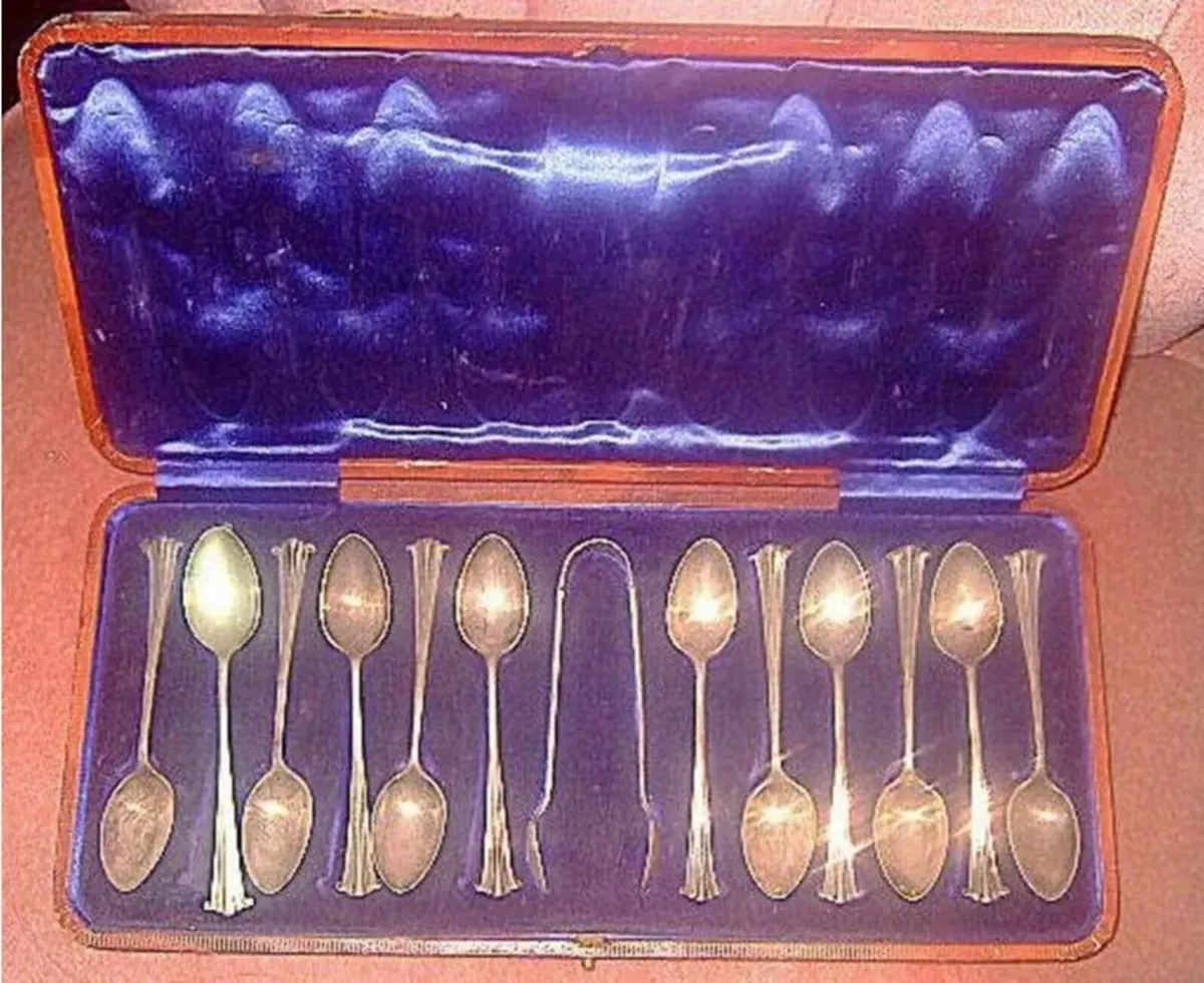 Vintage Silver 12 Tea Spoons & Sugar Tongs/Case - Image 2
