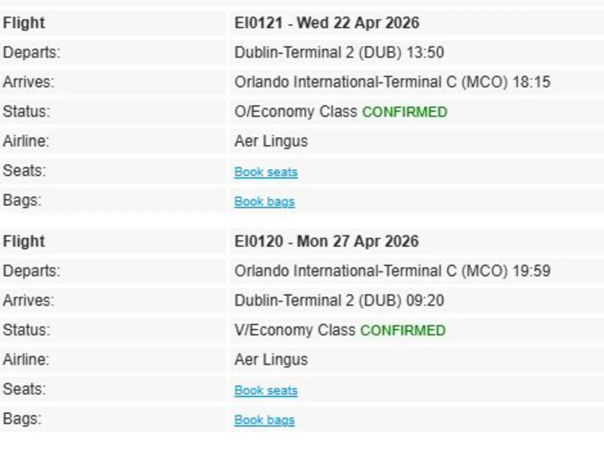 Direct Return Aer Lingus Flight, Dublin - Orlando