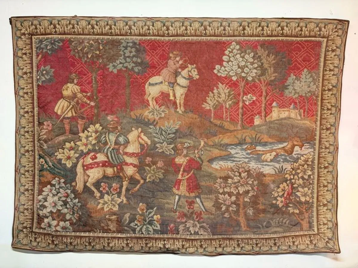 Large French Aubusson Style Tapestry with Medieval Hunting Scene - Image 1