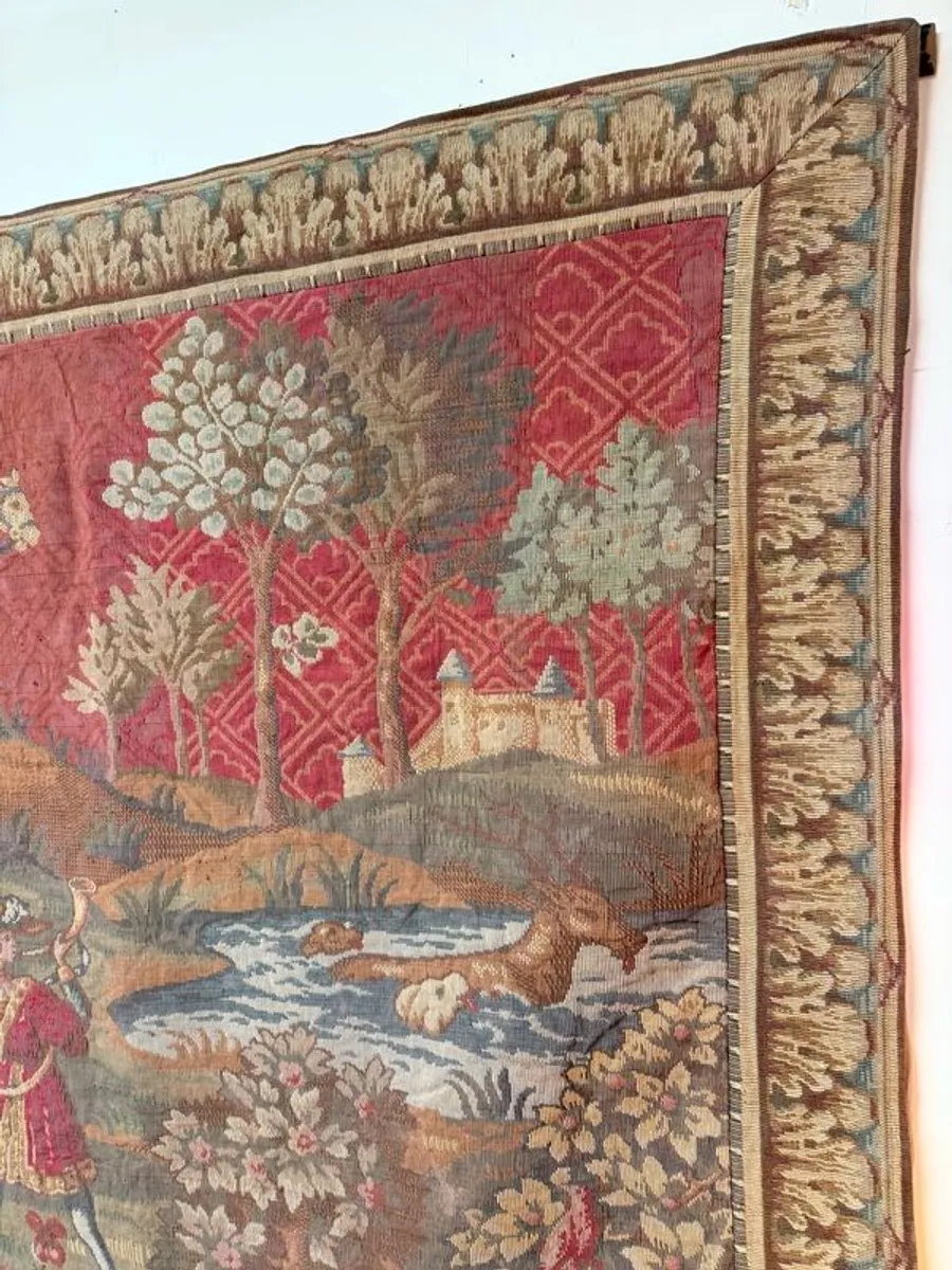 Large French Aubusson Style Tapestry with Medieval Hunting Scene - Image 4