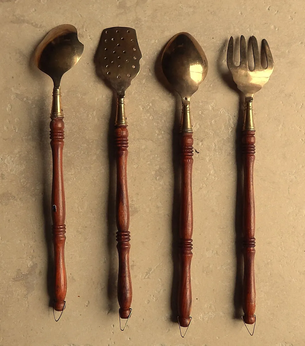 Set of Brass and Wood Hanging Kitchen Utensils - Image 2