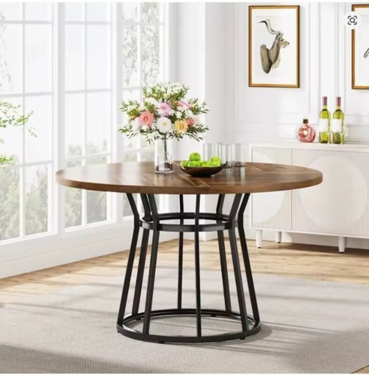 Round Dining Table 120cm with Wooden Top and Black - Image 1