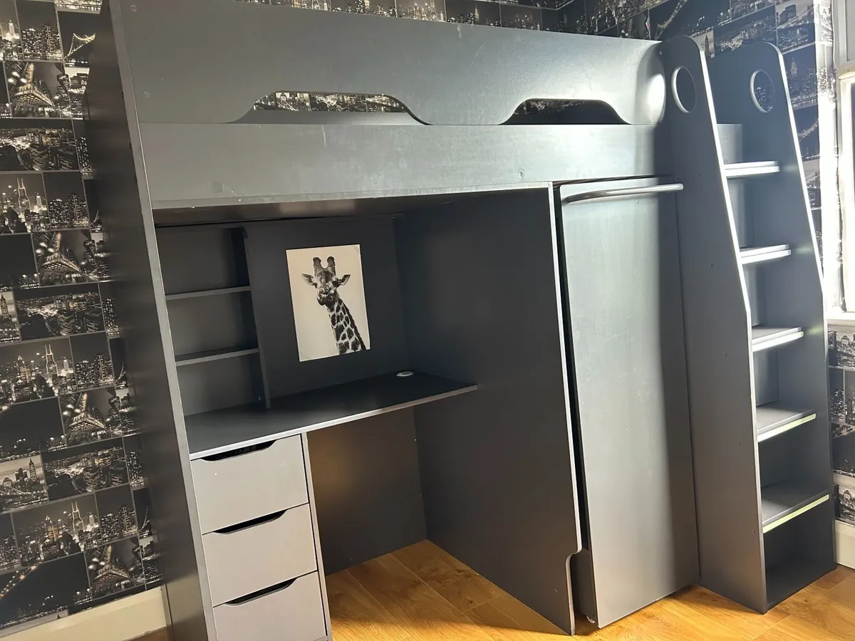 High sleeper bed w. desk wardrobe drawers Pegasus - Image 1