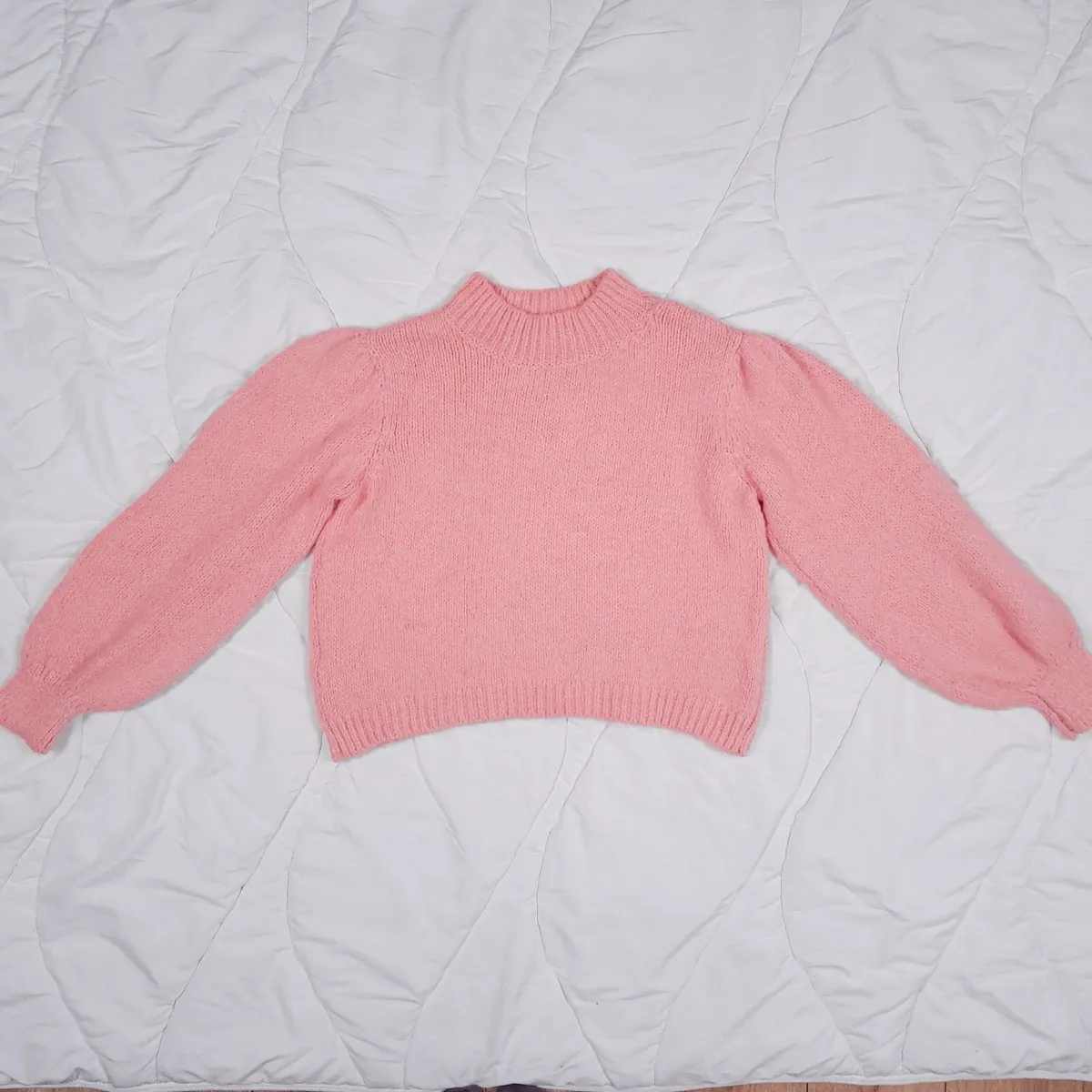 Mango Coral Pink Mock Neck Puff Sleeve Jumper M - Image 2