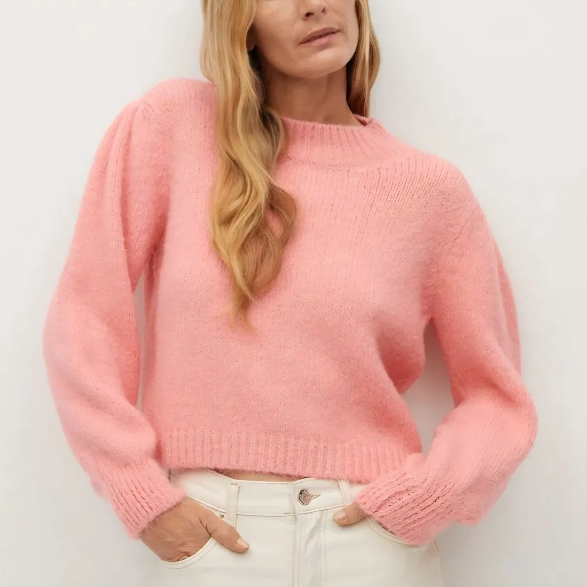Mango Coral Pink Mock Neck Puff Sleeve Jumper M - Image 3