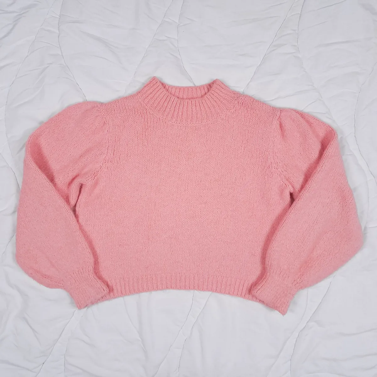 Mango Coral Pink Mock Neck Puff Sleeve Jumper M - Image 4