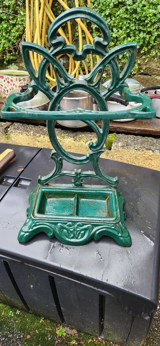 Antique Green Enameled Cast Iron Umbrella Stand