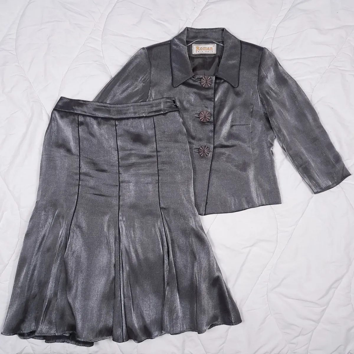 Roman Metallic Grey Skirt Jacket Set 12UK/40EU - Image 1