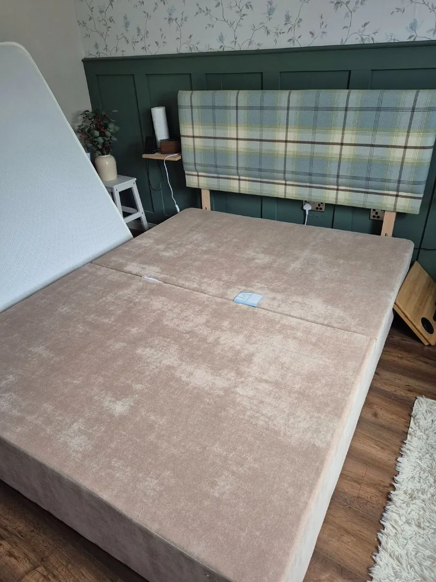 King size beige suede bed frame & tweed headboard - Image 1