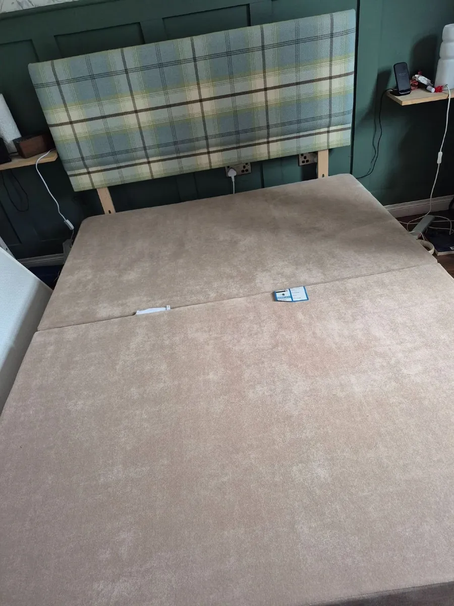 King size beige suede bed frame & tweed headboard - Image 3