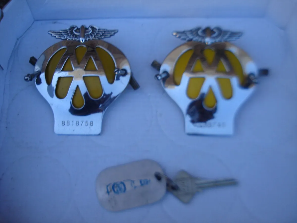 OLD ORIGINAL AA CAR CHROME BADGES. 1960 & 1967. - Image 1