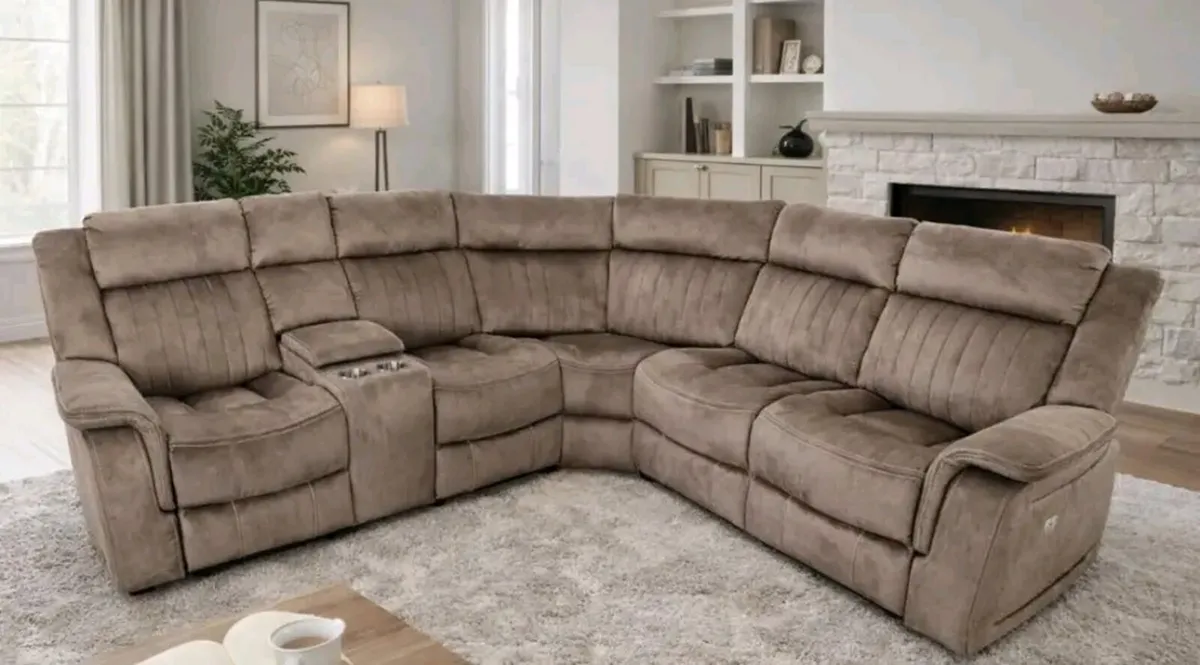 Bruno Grey & Sand Fabric Recliner Sofa - Image 1