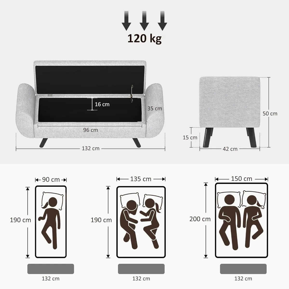 Storage Ottoman with Armrest Upholstered Linen - Image 3