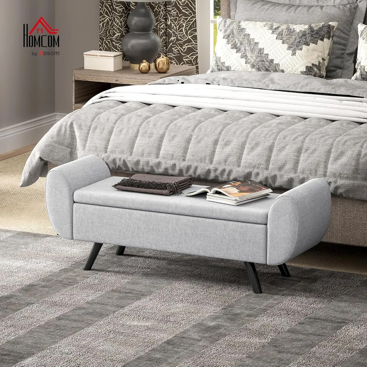 Storage Ottoman with Armrest Upholstered Linen - Image 2