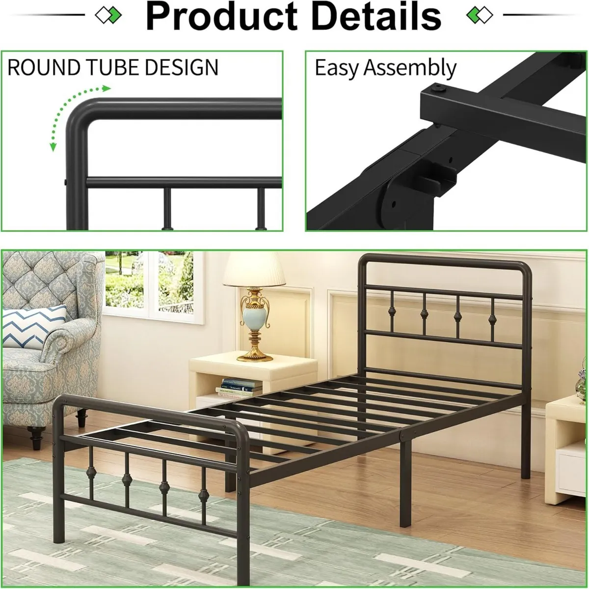 Metal Bed Frame 80 x 190 cm with Headboard and - Image 4