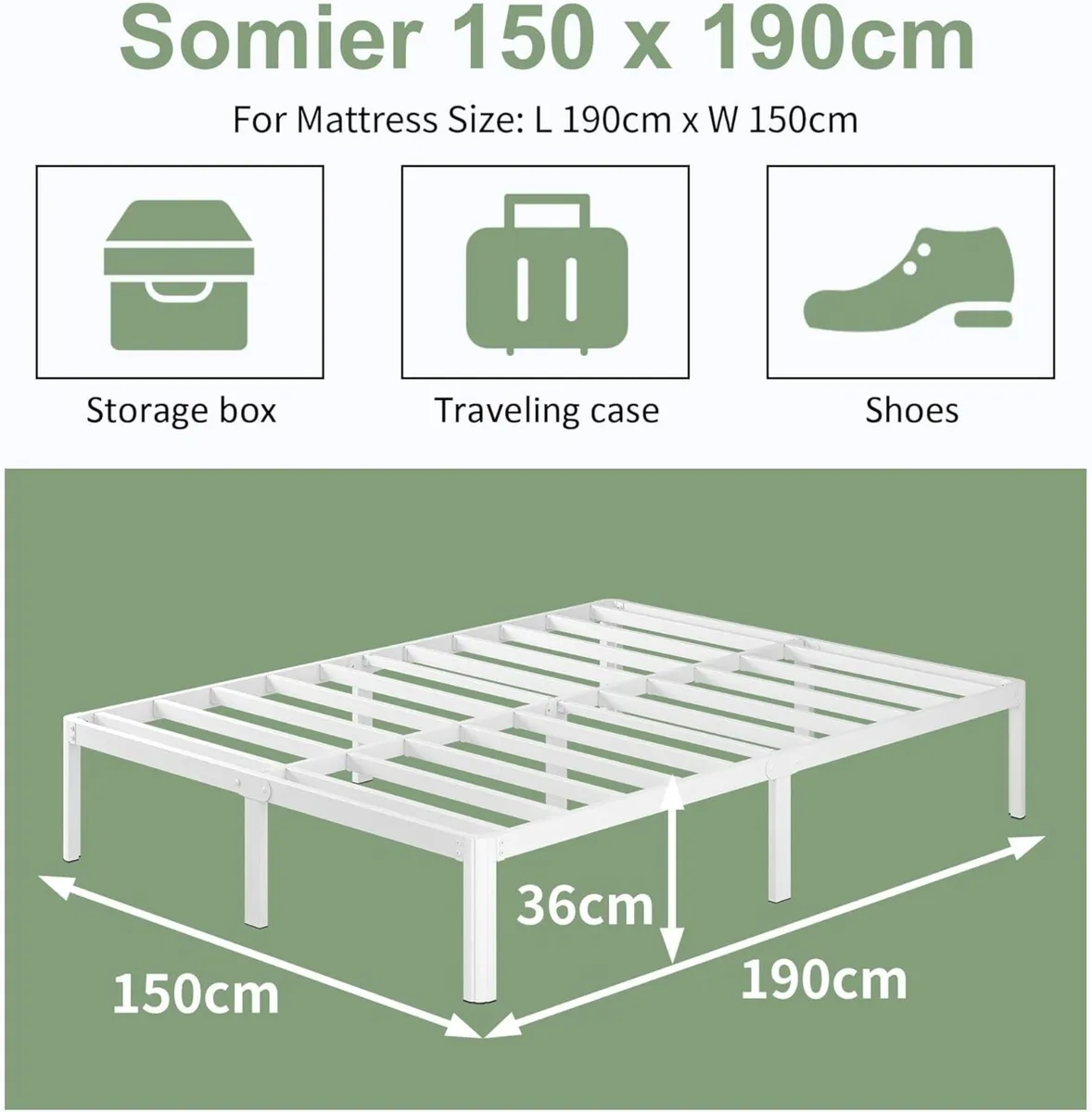 Metal Bed 150 x 190 cm with Round Legs 36 Height - Image 2