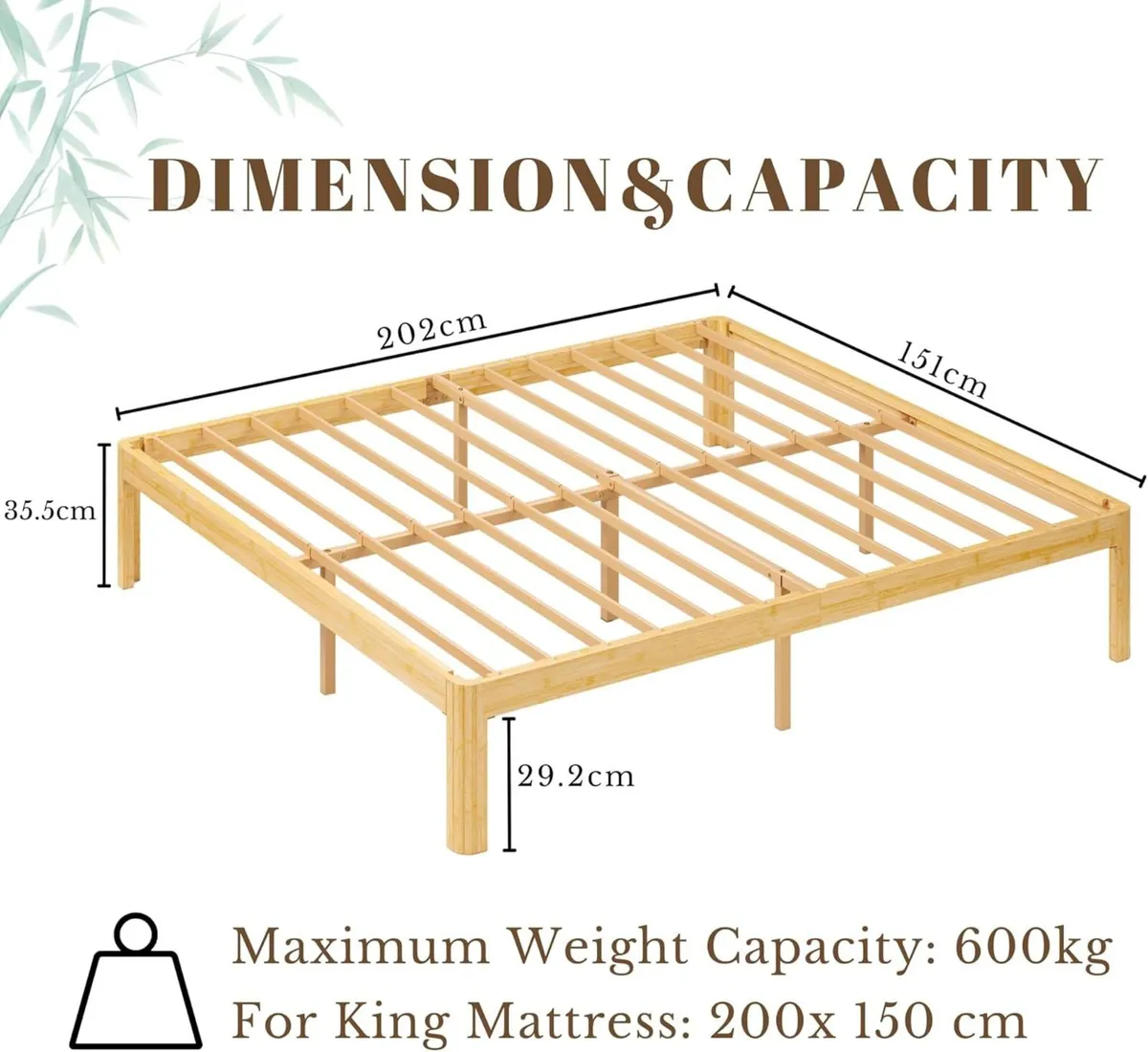 Bamboo Wood King Size Bed Frame with Metal Slats - Image 2