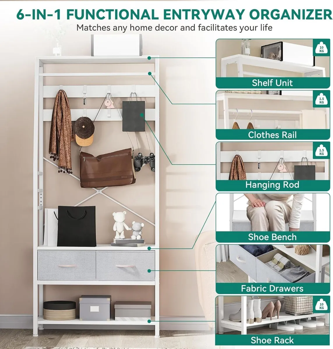 Coat Rack 6-in-1 Hall Tree with 2 Drawers - Image 3