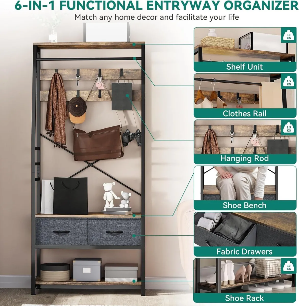 Coat Rack 6-in-1 Hall Tree with 2 Drawers - Image 3