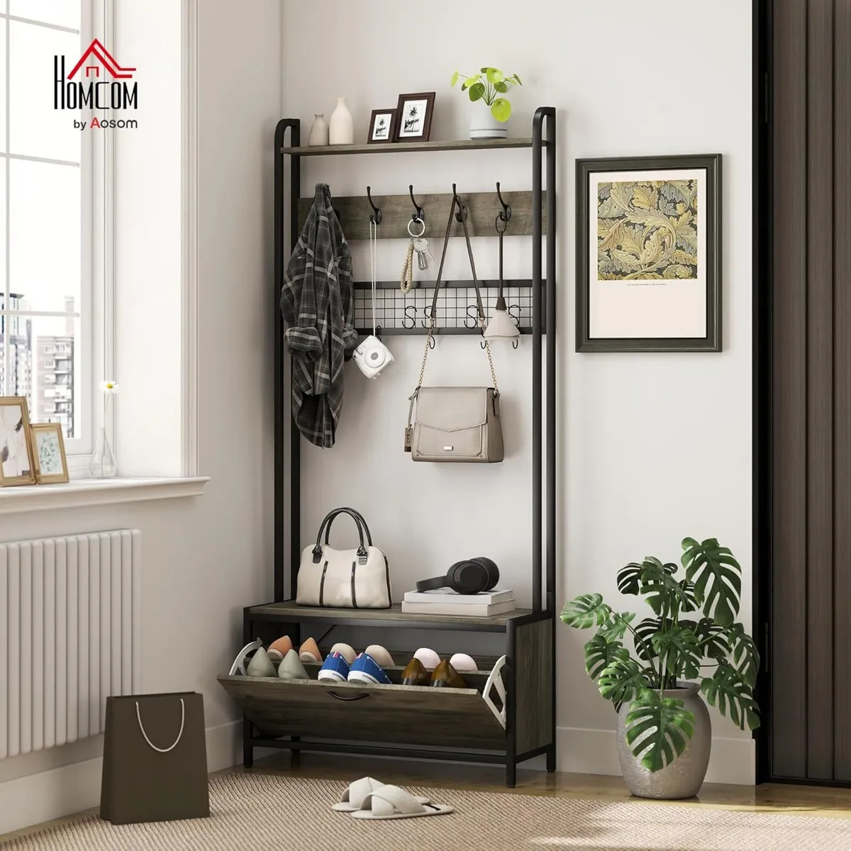 Coat Rack with Shoe Storage Bench and Grid Panel - Image 2