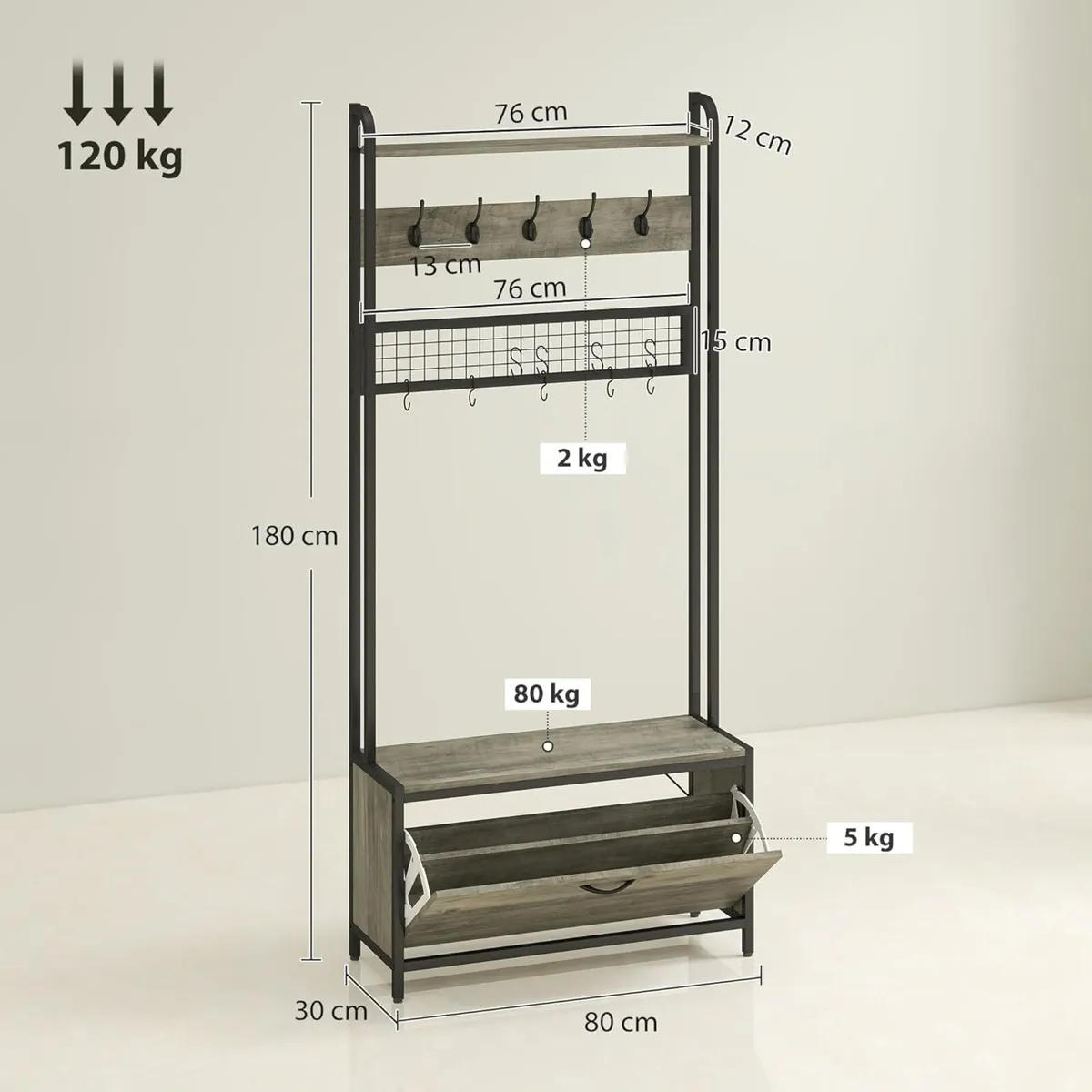 Coat Rack with Shoe Storage Bench and Grid Panel - Image 3