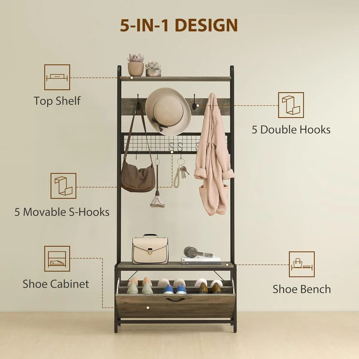 Coat Rack with Shoe Storage Bench and Grid Panel - Image 4