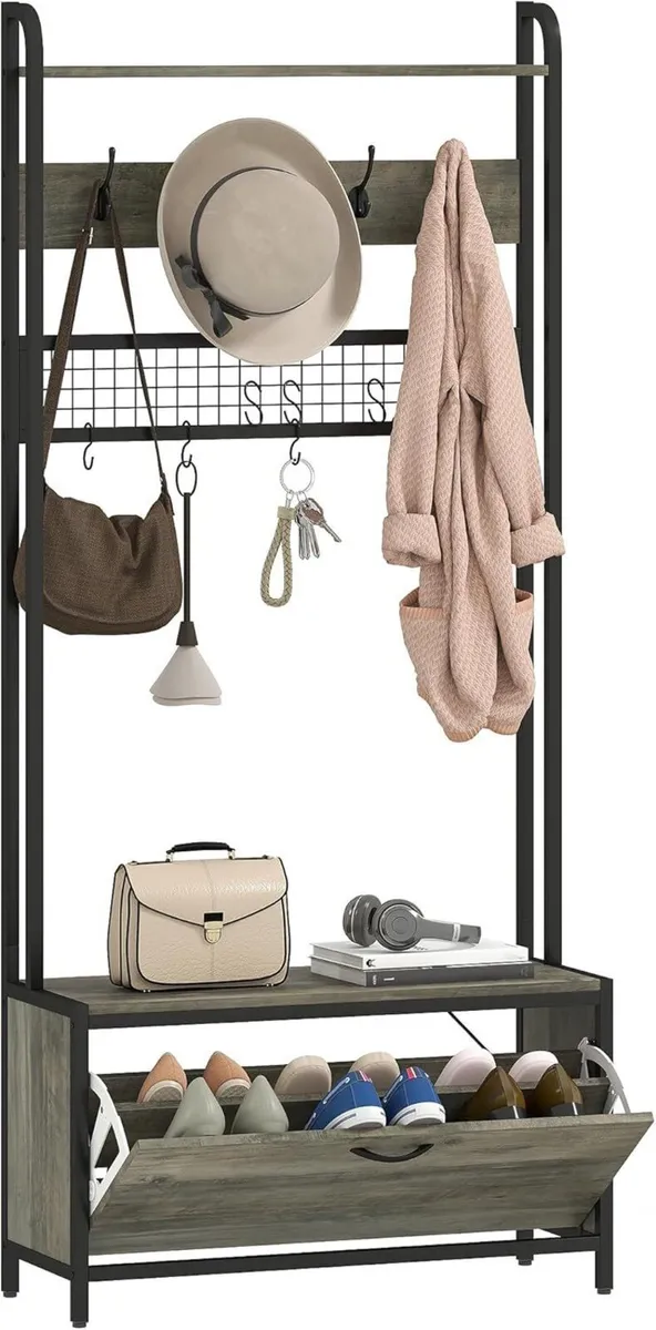 Coat Rack with Shoe Storage Bench and Grid Panel - Image 1