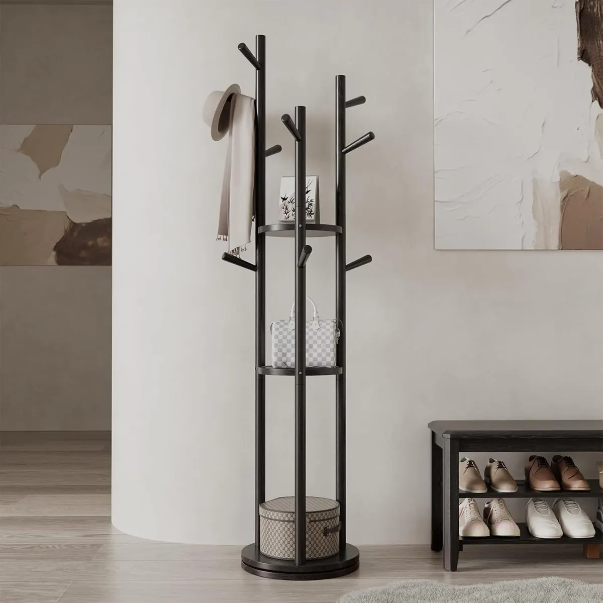 Coat Stand Woodem Rack with 3 Storage Shelves and - Image 1