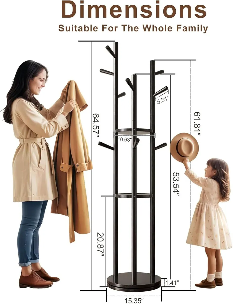 Coat Stand Woodem Rack with 3 Storage Shelves and - Image 2