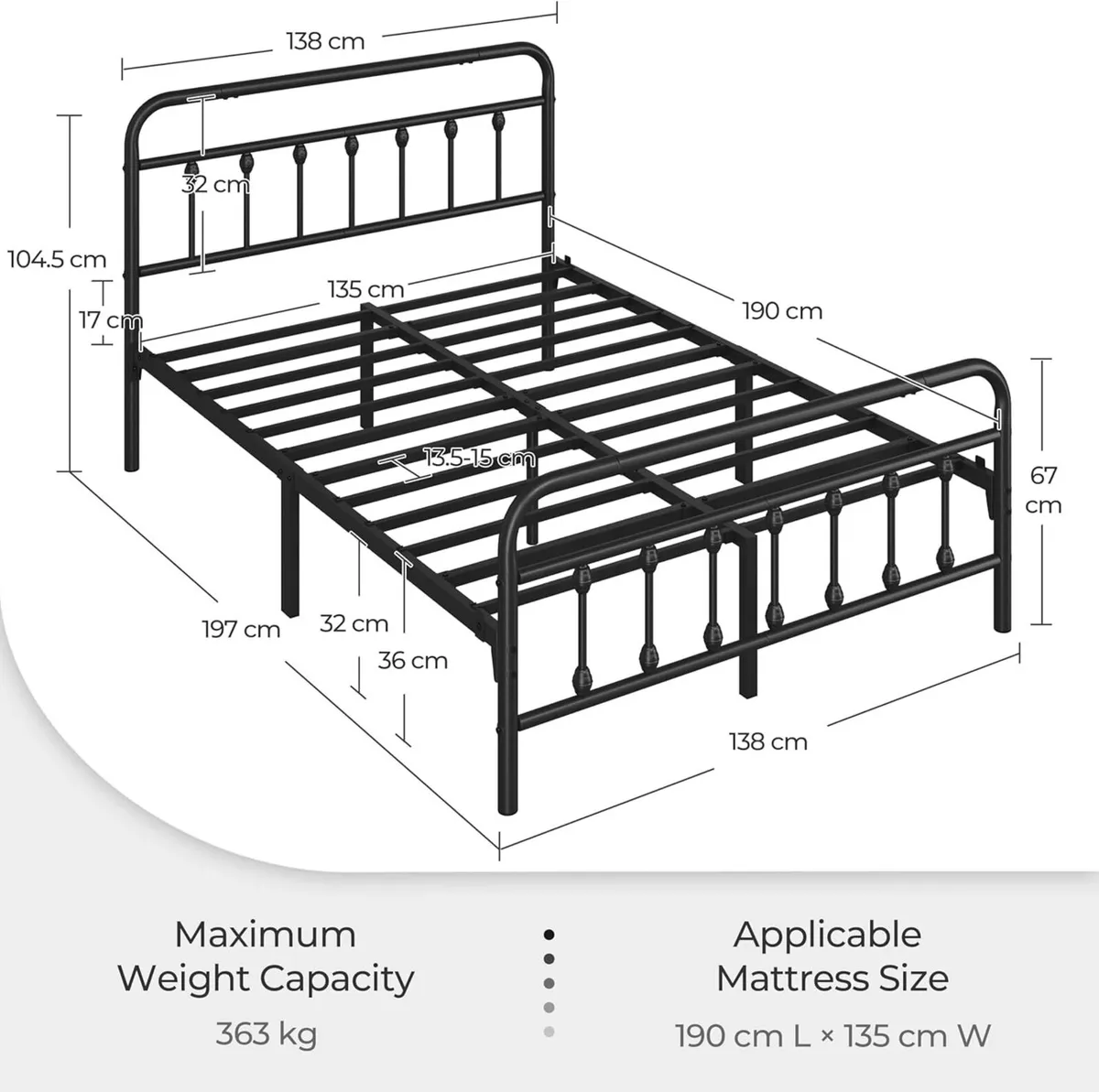 4ft6 Double Bed Frame Vintage Iron Platform with - Image 2