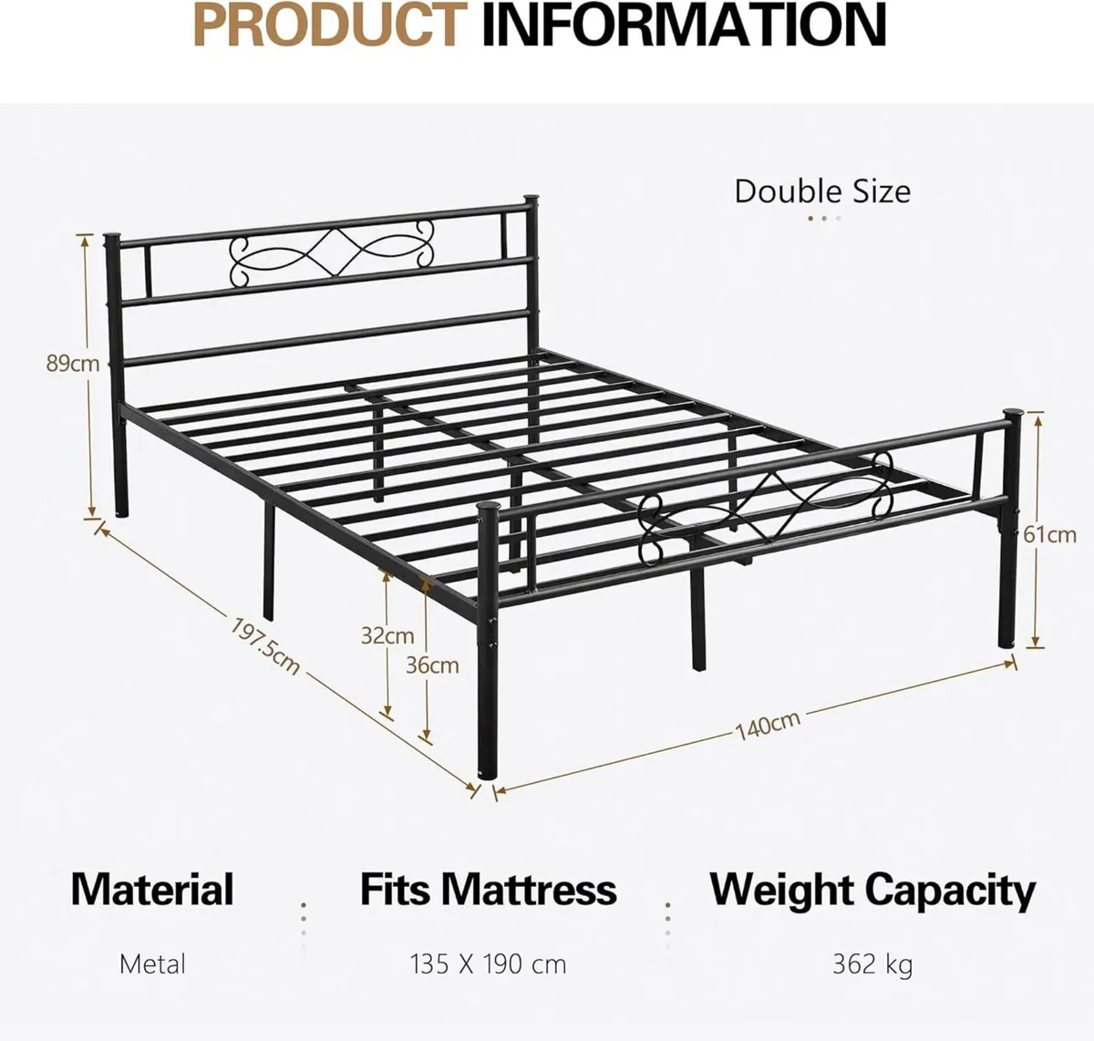 4ft6 Double Metal Bed Frame with Headboard and - Image 2