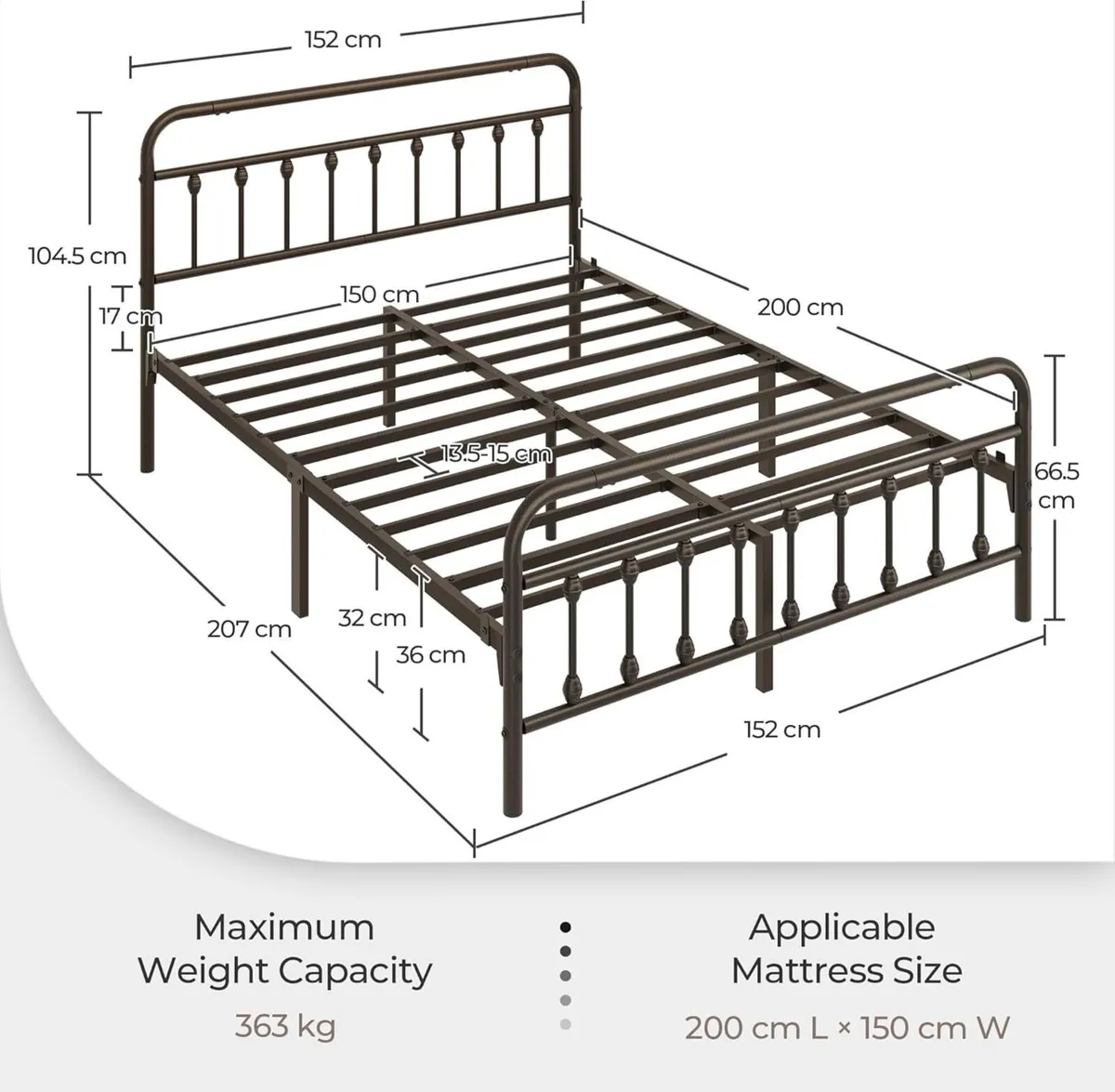 5ft King Bed Frame Vintage Iron Platform with - Image 2