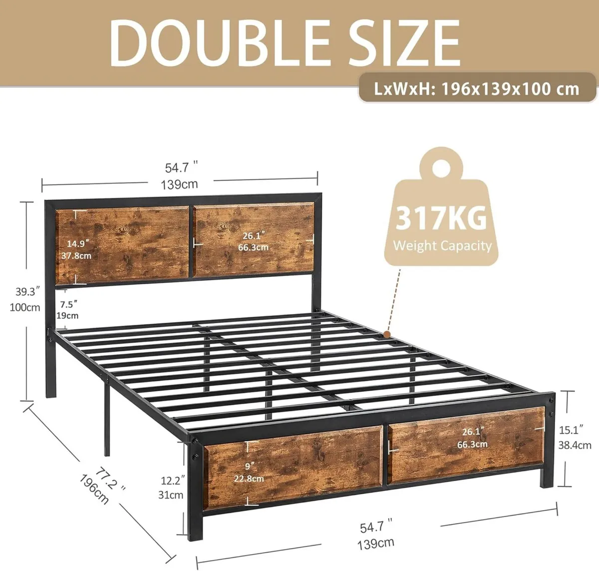Double Platform Bed Frame with Rustic Vintage - Image 2