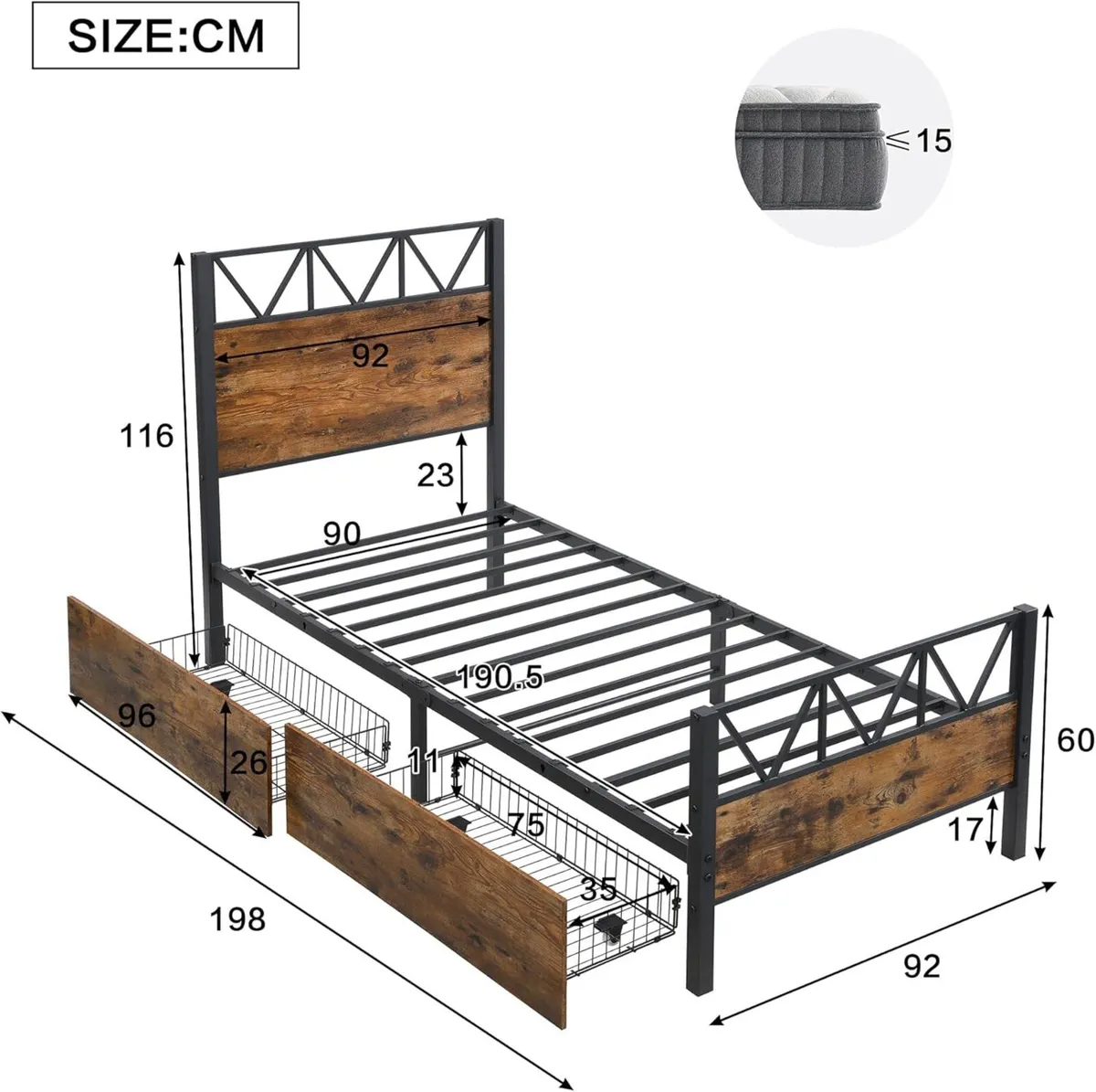 Metal Bed 3FT-90x190cm Single with 2 Drawers - Image 2
