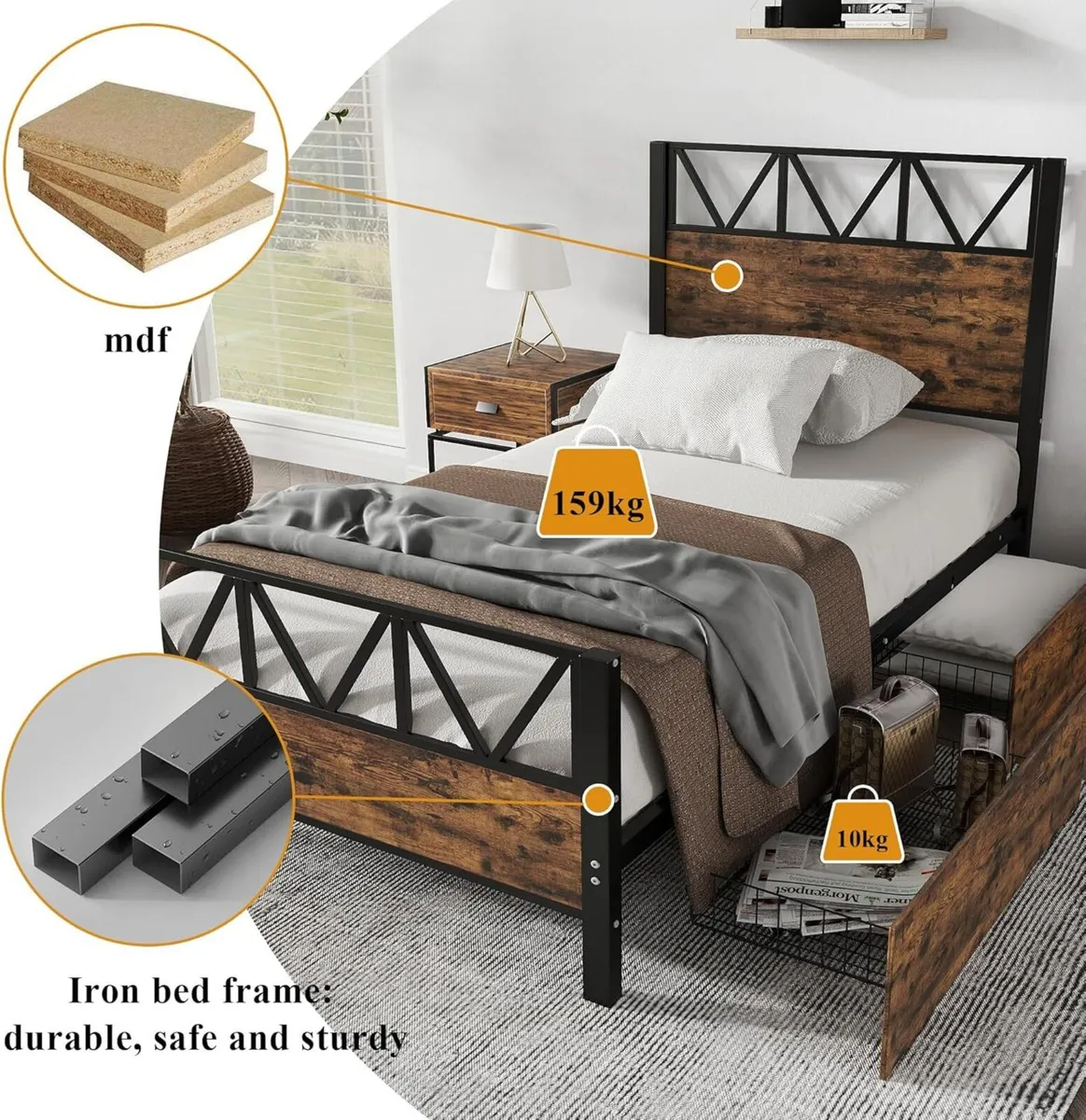 Metal Bed 3FT-90x190cm Single with 2 Drawers - Image 4