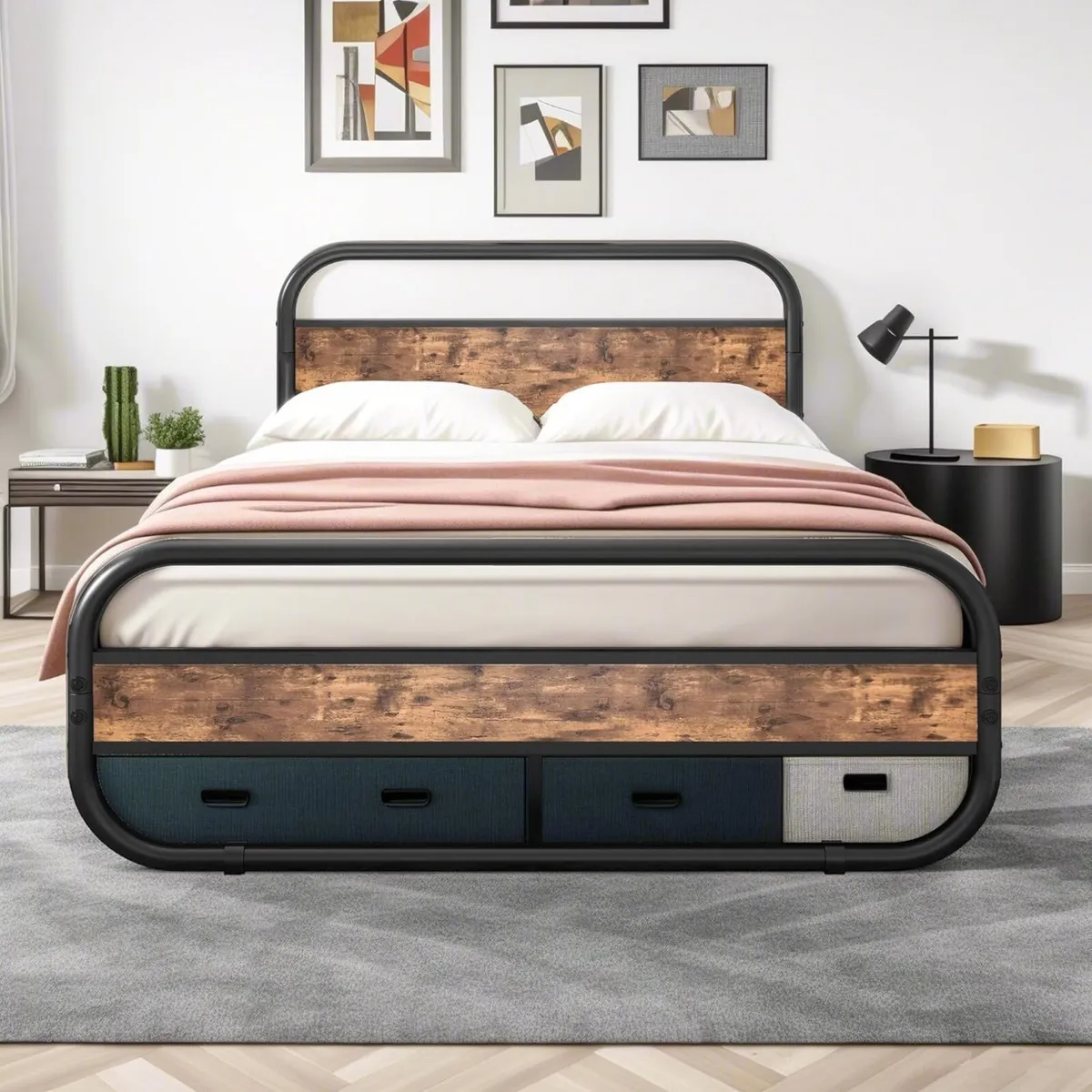 King Size Bed Metal Platform Frame with Wood - Image 1