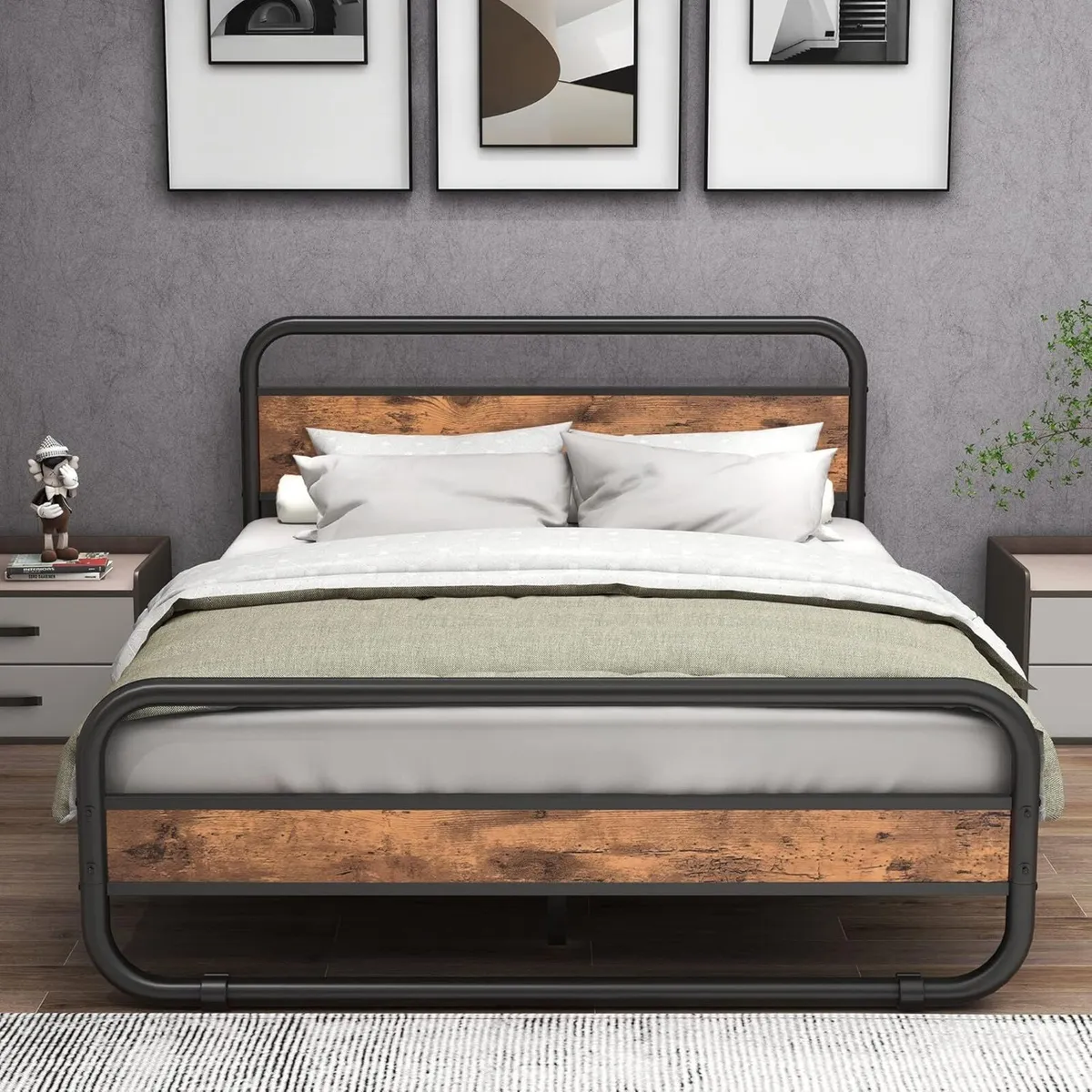 King Size Bed Metal Platform Frame with Wood - Image 4