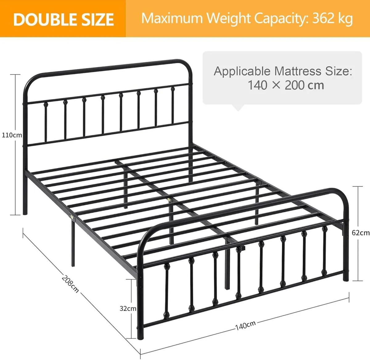 4ft6 Double Metal Bed Frame 135x190cm Platform - Image 2