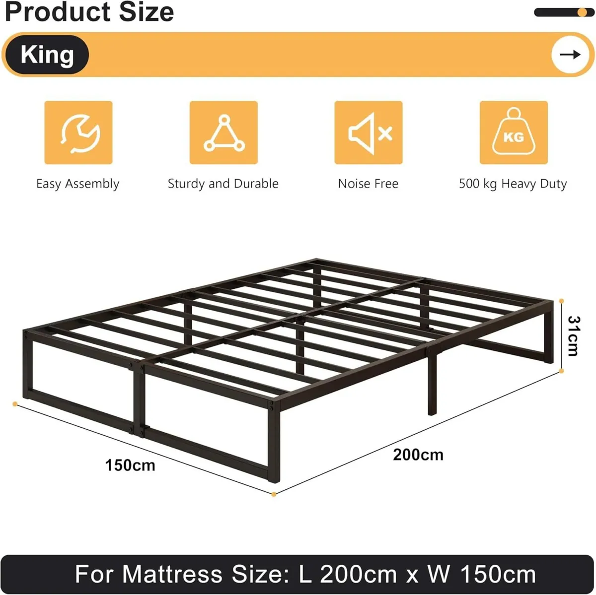 King Size Bed Frame 150x200 cm Metal with Steel - Image 2