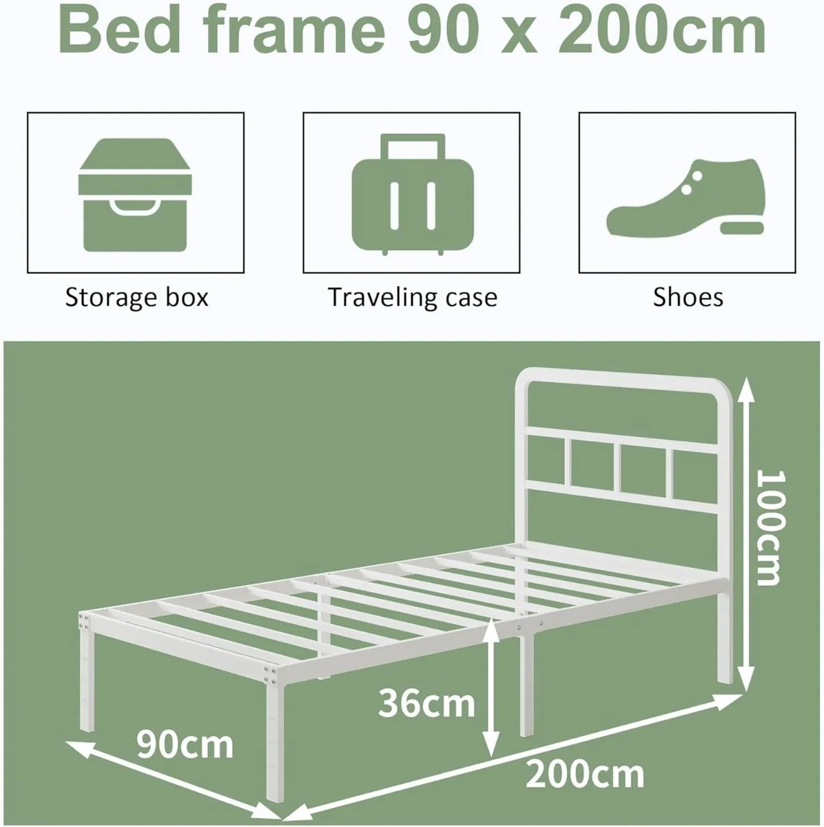 36 cm High Metal Single Bed Frame 90x200 with - Image 2