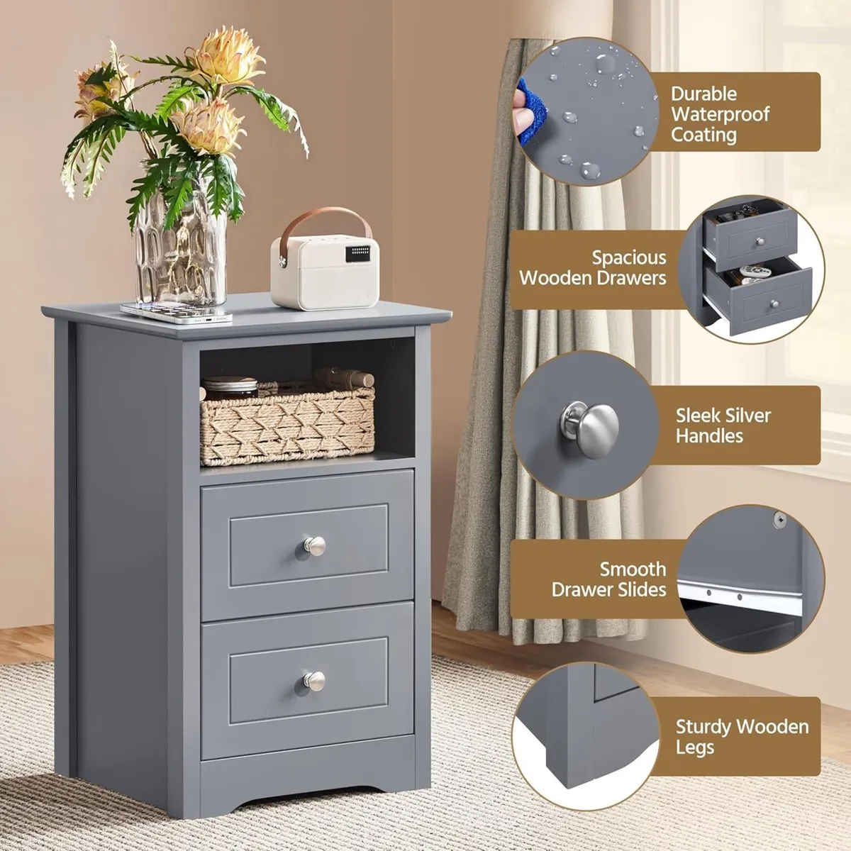 Bedside Tables Set of 2 Wooden Nightstand with - Image 4