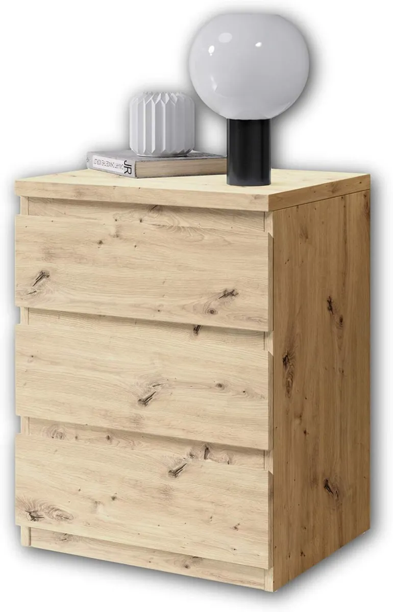 Bedside Table with Three Drawers in Artisan Oak - Image 1